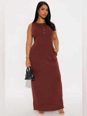 Brand New 3X Fashion Nova Dawn Button Up Brown Maxi Dress WITH POCKETS!